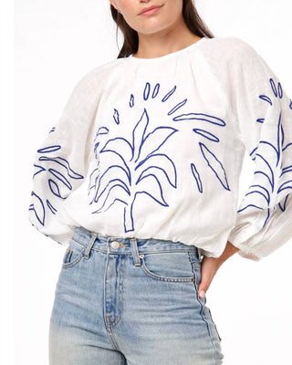 Ciebon - Embroidered Bishop Sleeve Bubble Top