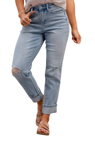 Judy Blue - Calça jeans estilo boyfriend com cintura média e punho American Stars