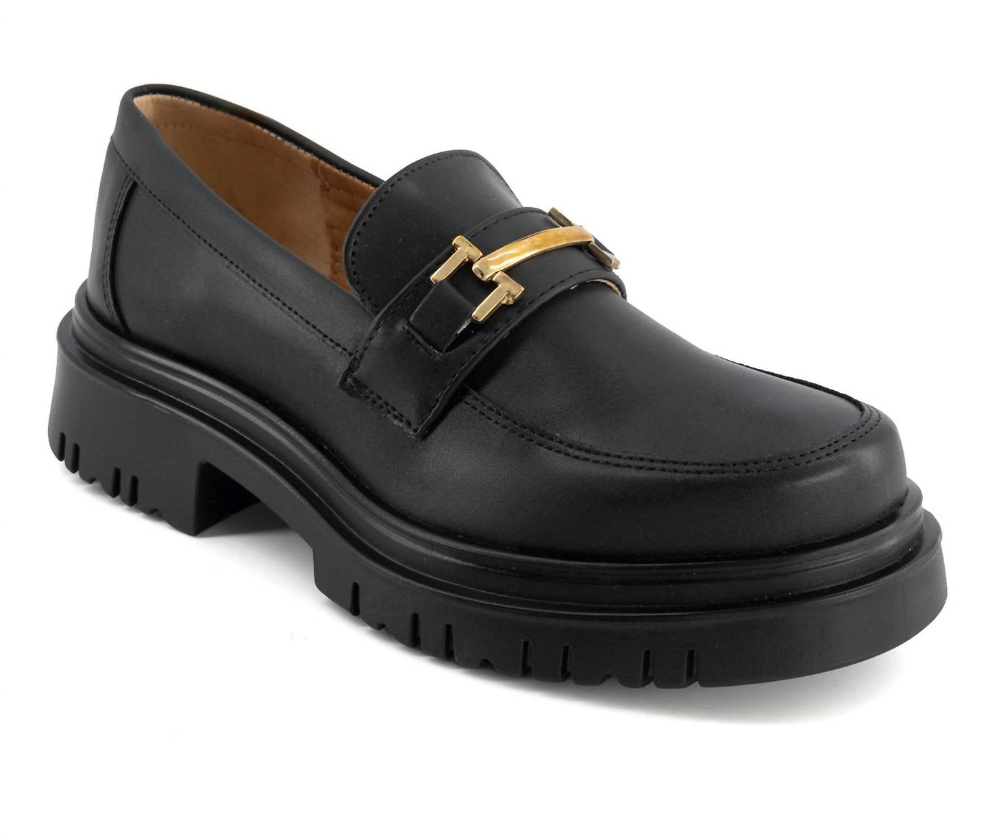 Andrea - Women's Black Penny Loafers With Golden Ornament