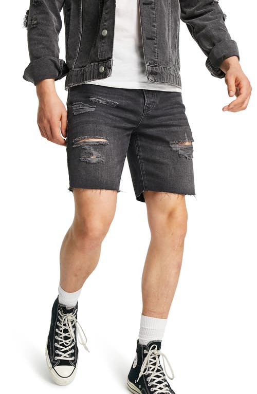 Topman Men's Slim Fit Ripped Denim Shorts in Black, Size 28