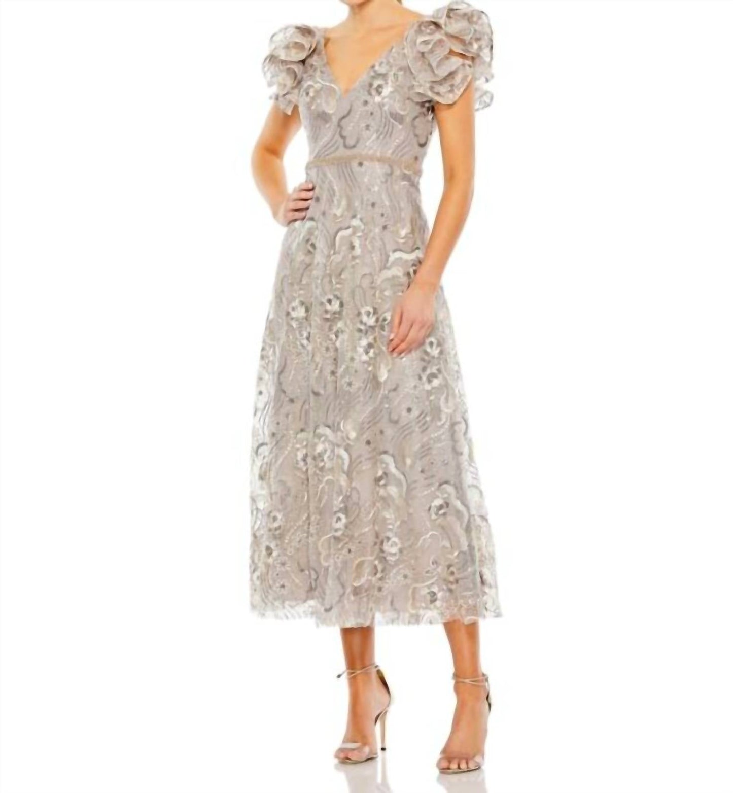 Mac Duggal - Embellished Ruffled Cap Sleeve A Line Dress 68262