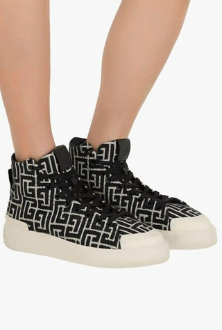 Balmain - Tênis de cano alto feminino B-court bicolor monograma jacquard