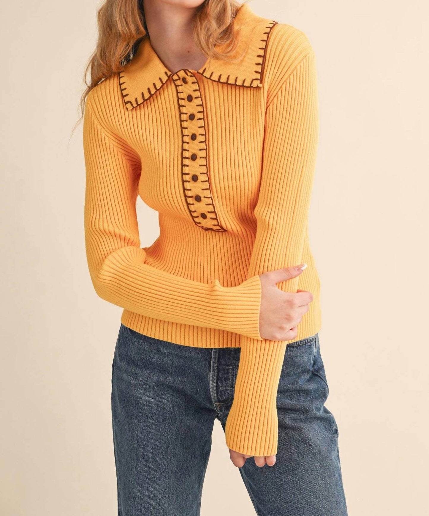 &Merci - Collared Ribbed Sweater With Contrast Stitch