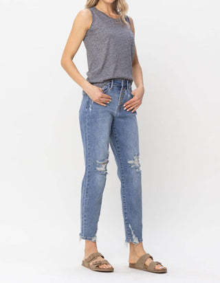 Judy Blue - Calça jeans boyfriend de cintura alta com botões e botões