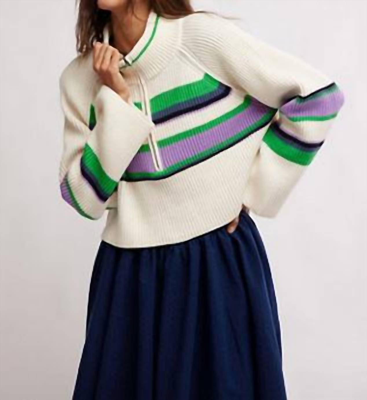 Free People - Striped Greta Half Zip Sweater