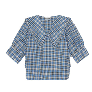 Ganni - BLUSA COM DECOTE EM V SEERSUCKER
