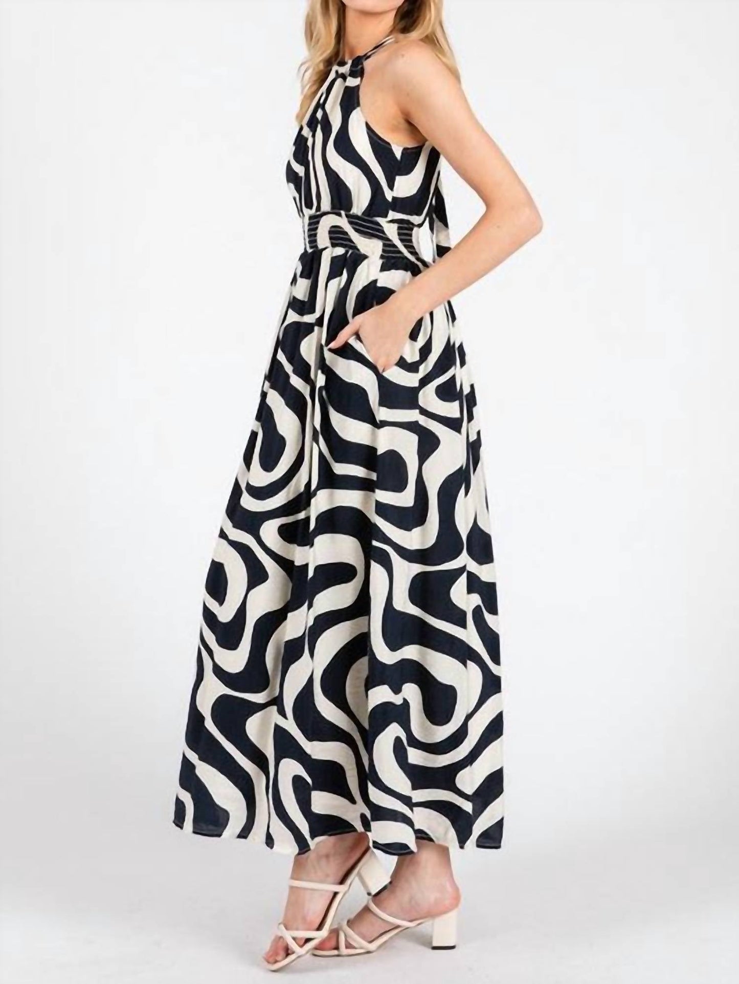 Calista - Navy Print Smocked Waist Halter Neck Back Tie Maxi Dress