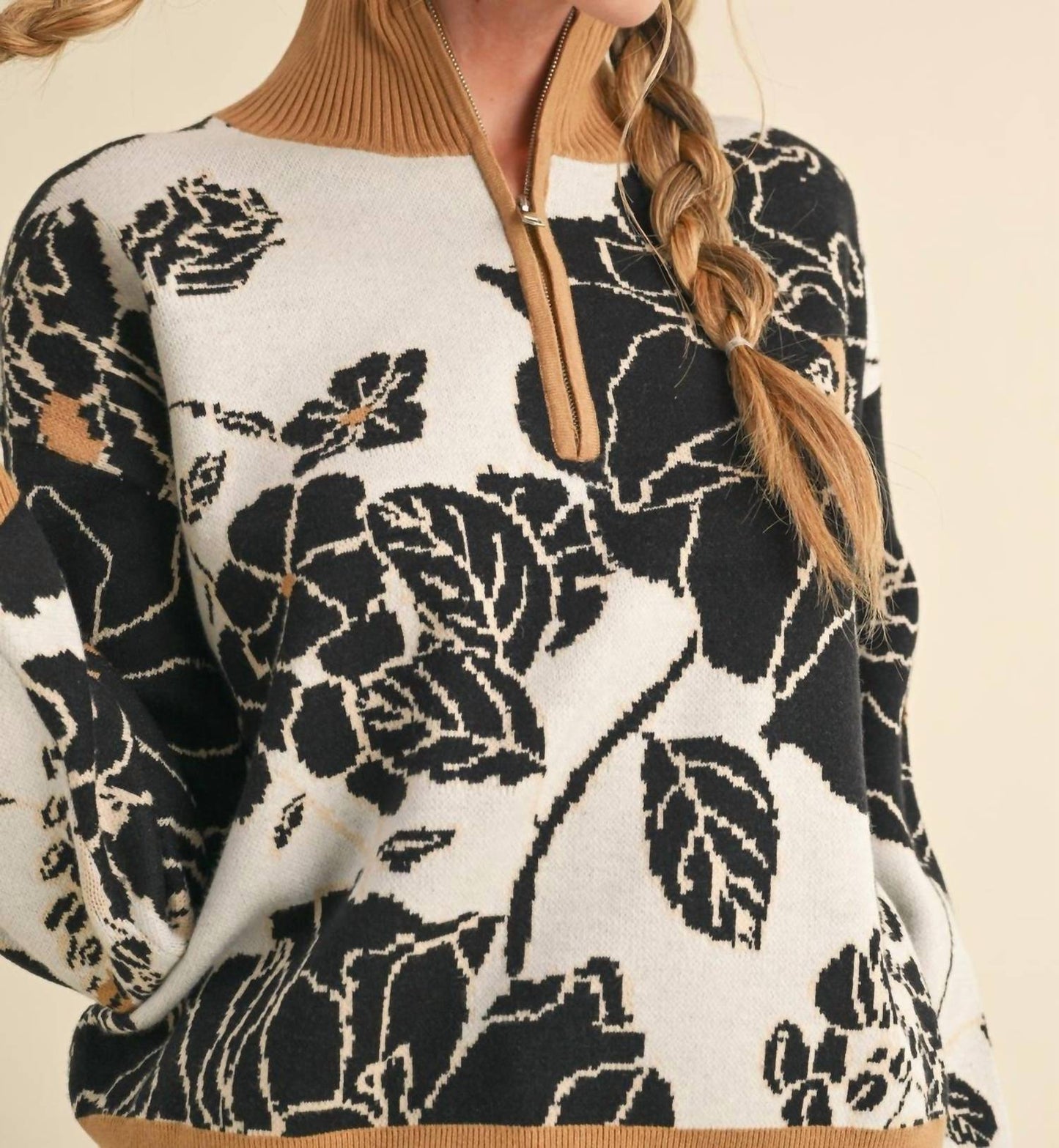 &Merci - Floral Mock Neck Half Zip Sweater