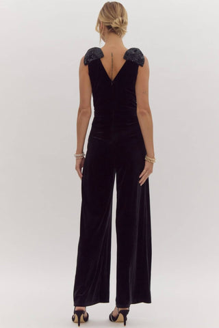 Entro - Wide Leg Jumpsuit With Sequin Bow Shoulder