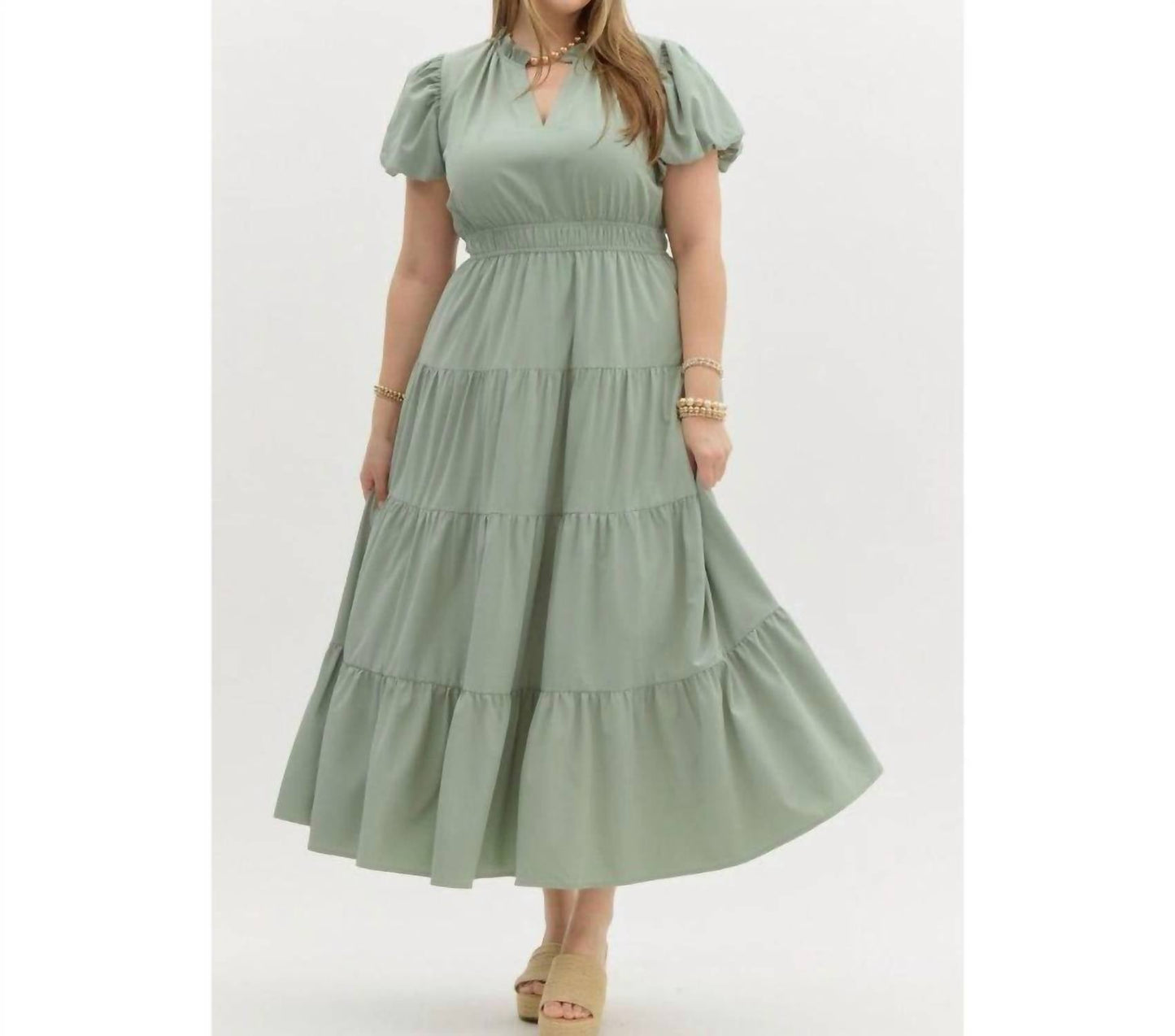 Entro - Amberlyn V-neck Bubble Sleeve Tiered Maxi Dress - Plus