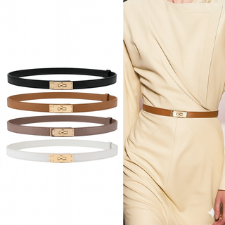 Women’s Skinny Leather Adjustable Belt with Turn-Lock Buckle for Dresses & Jeans