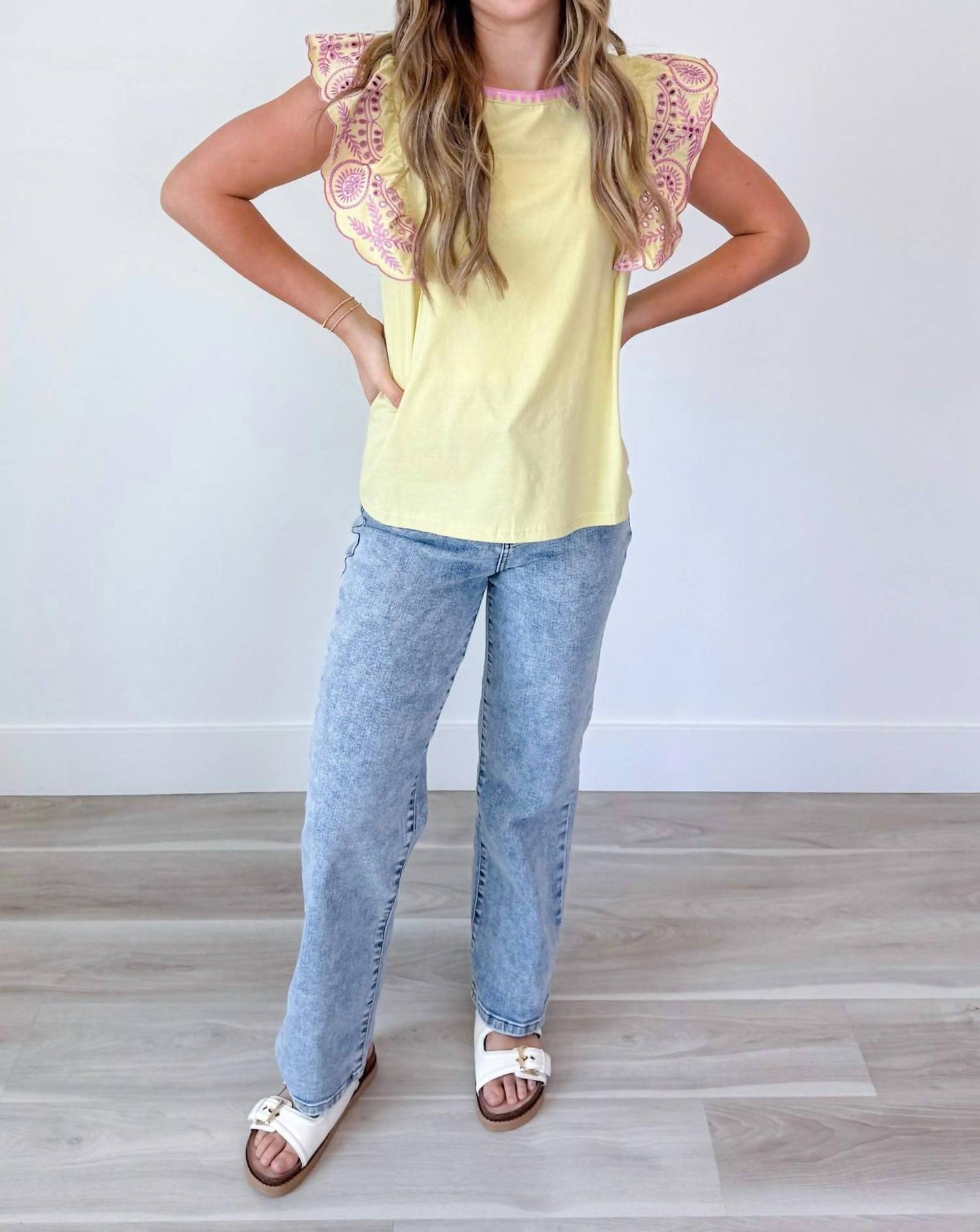 Easel - Chartreuse & Orchid Embroider Knit Top