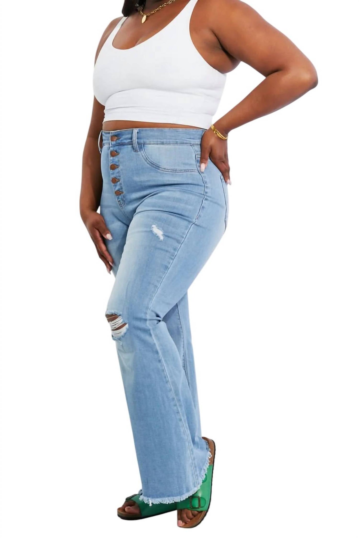 Vibrant Miu - Full Size Jess Button Flare Jeans
