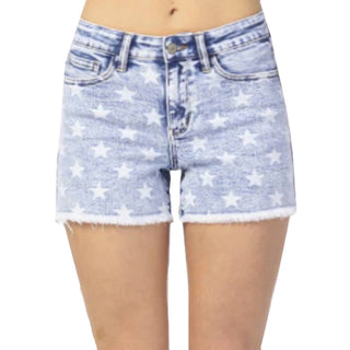 Judy Blue - Shorts com corte reto e estampa de estrela de cintura média e lavagem ácida