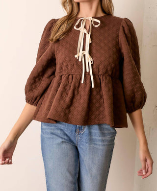 Baevely By Wellmade - Ariel Quilted Knit Peplum Tie Top