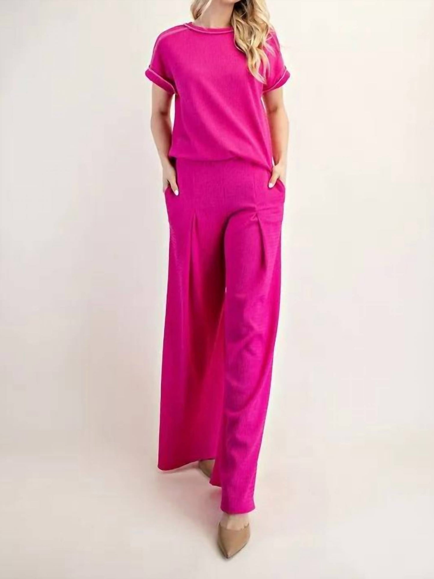 Trendsi - Celeste Textured Wide-Leg Pants with Pockets