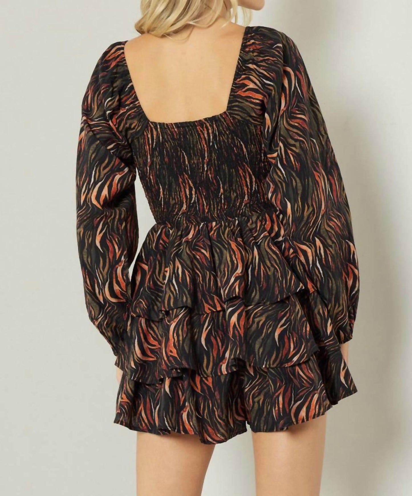 Entro - Square Neck Long Sleeve Tiered Romper