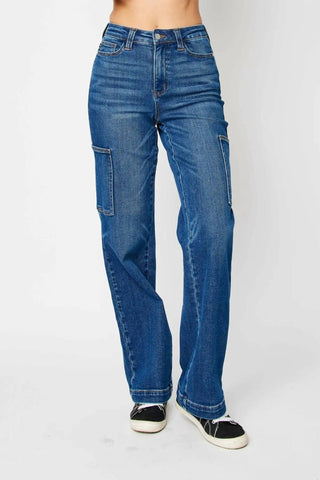 Judy Blue - Calça Jeans Cargo de Perna Larga
