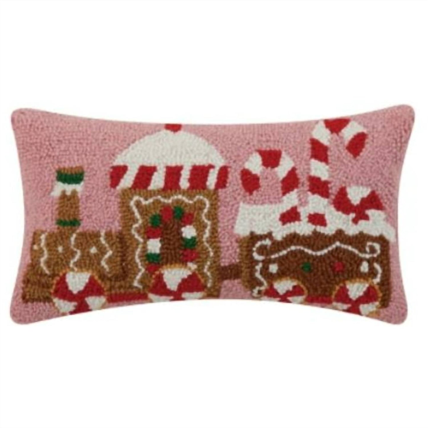 Peking Handicraft - 16"x9" Gingerbread Train with Candy Cane Swirls Hook Pillow