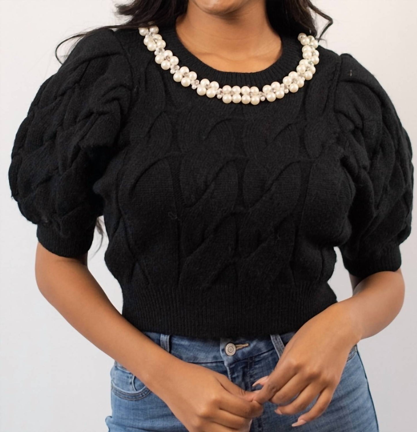 Mable - Pearl And Rhinestone Cable Knit Crop Sweater