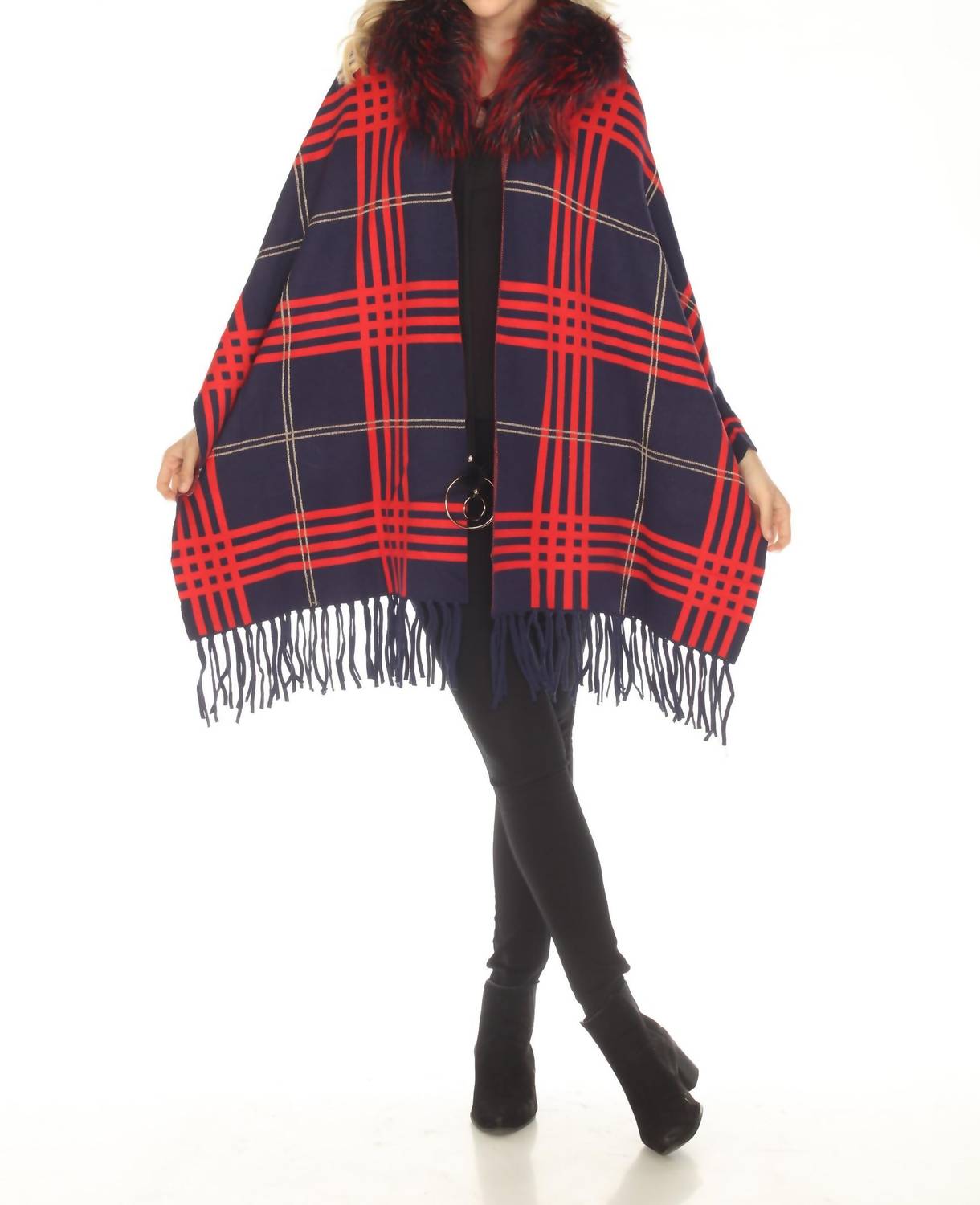 Oolala - Plaid Pattern Real Fur Collar Fringe Cape