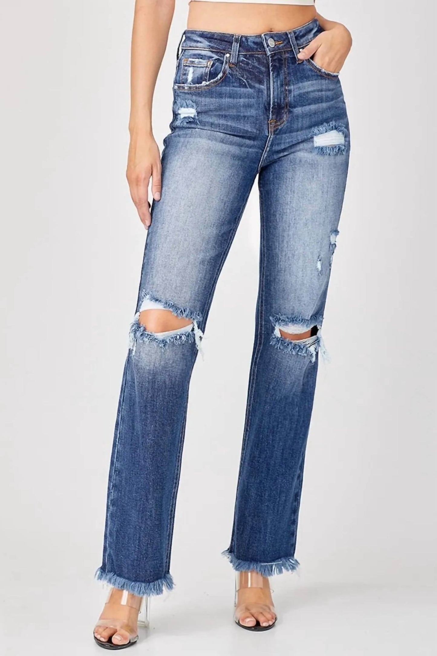 Risen - Full Size Raw Hem Distressed Straight Jeans