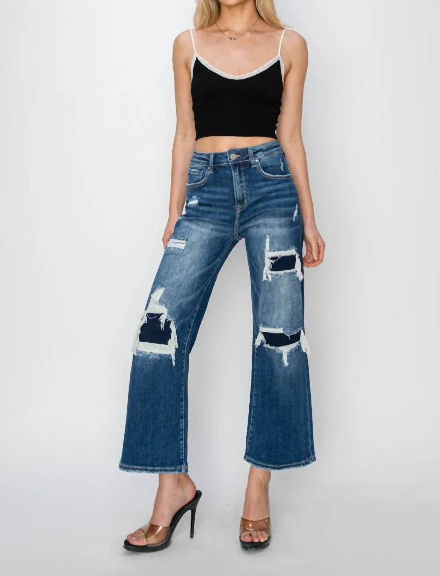 Risen - Full Size High Rise Patch Detailed Wide Leg Crop Jeans