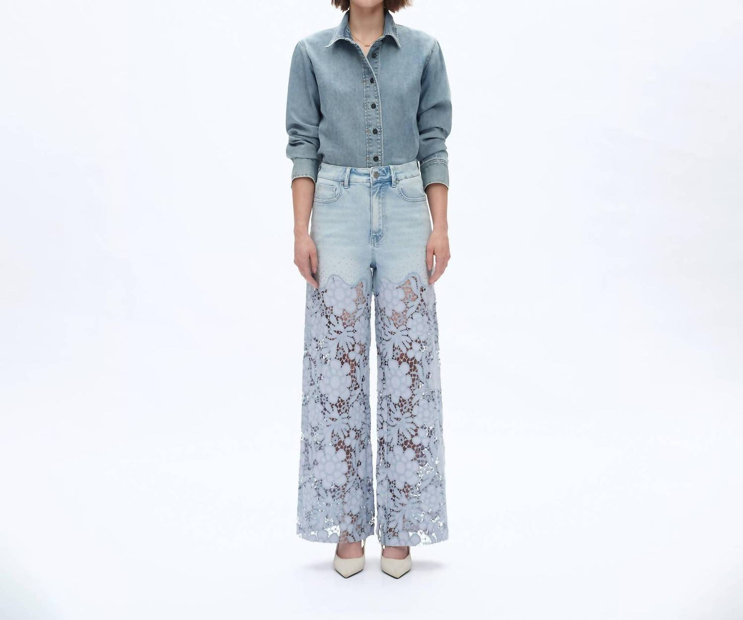 Bayeas - Rhinestone Patchwork Wide Leg Jeans
