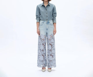 Bayeas - Rhinestone Patchwork Wide Leg Jeans