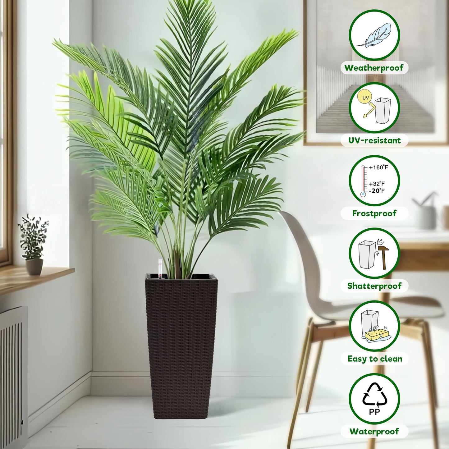 Pack of 2 Brown 22-Inch Faux Rattan Square Planters with Automatic Watering System