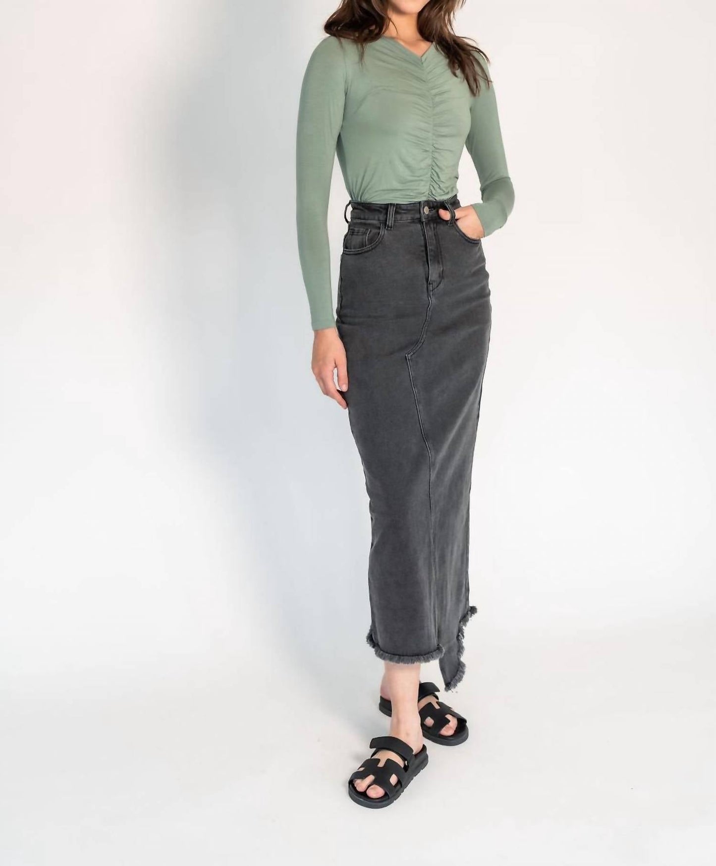 Recollection Brand - Frayed Hem Asymmetrical Stretch Denim Maxi Skirt