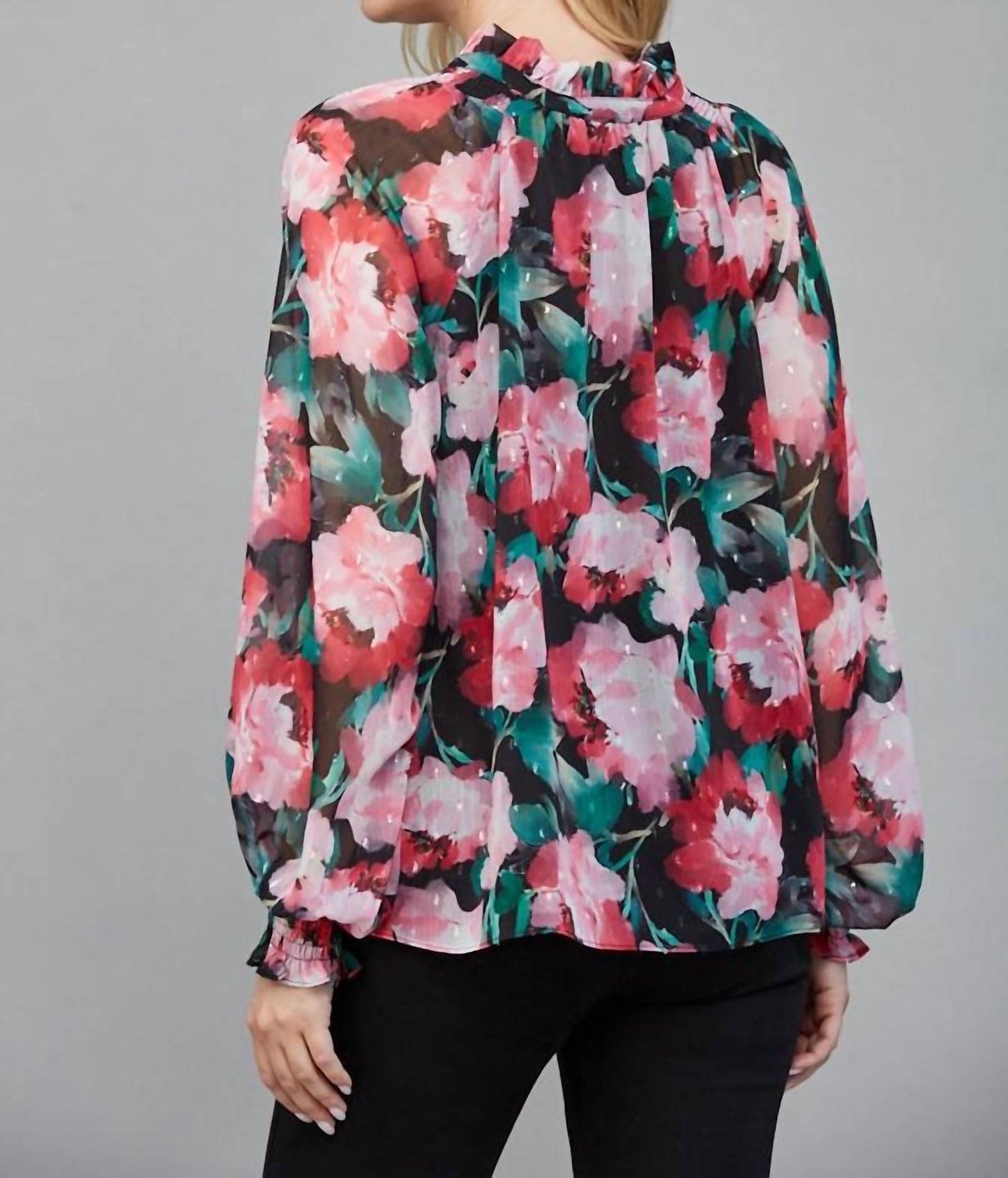 61 Jane - Women's Floral Keyhole Tie Neck Blouse