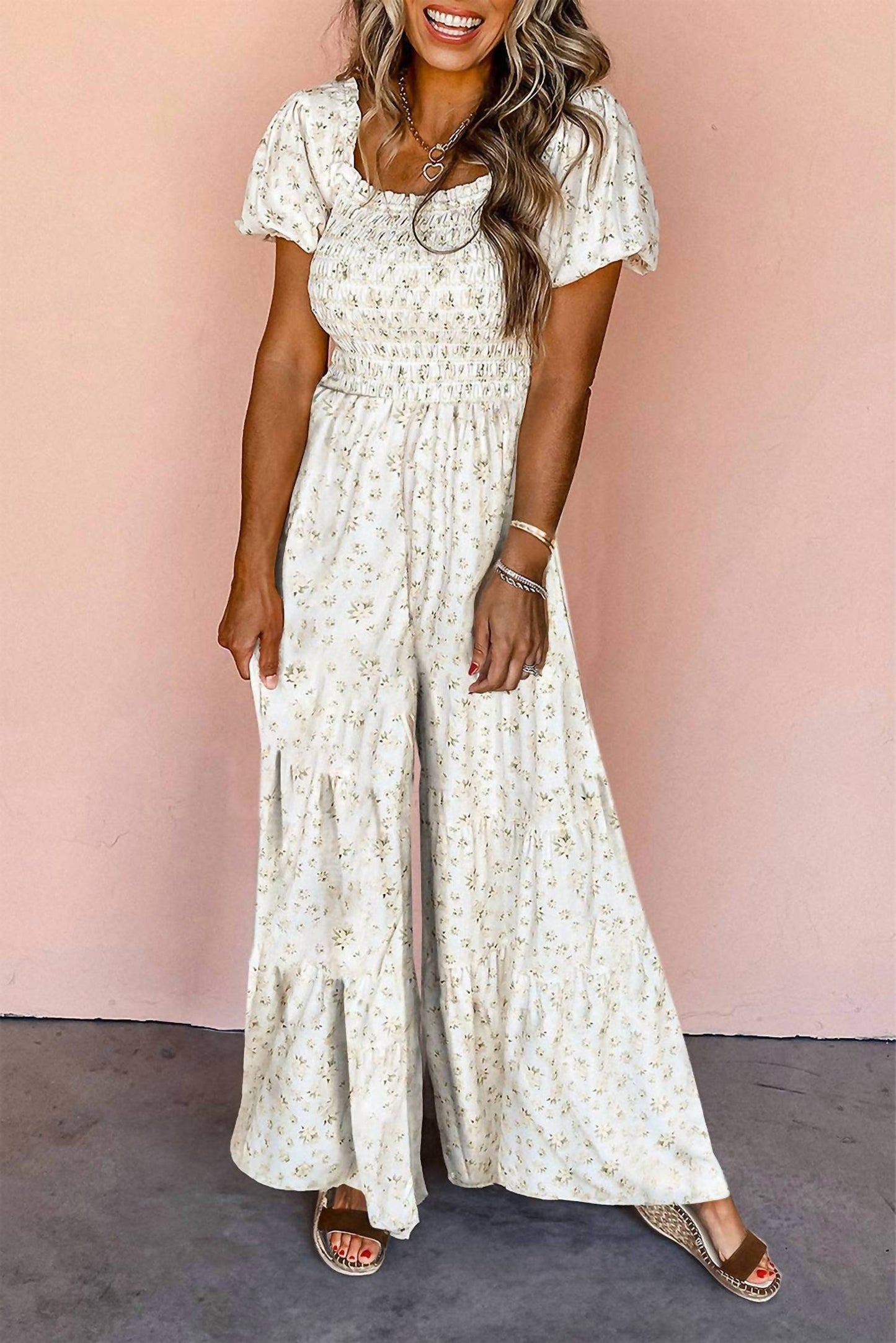 Full Time Purchase - Women's Boho Floral Smocked Jumpsuit