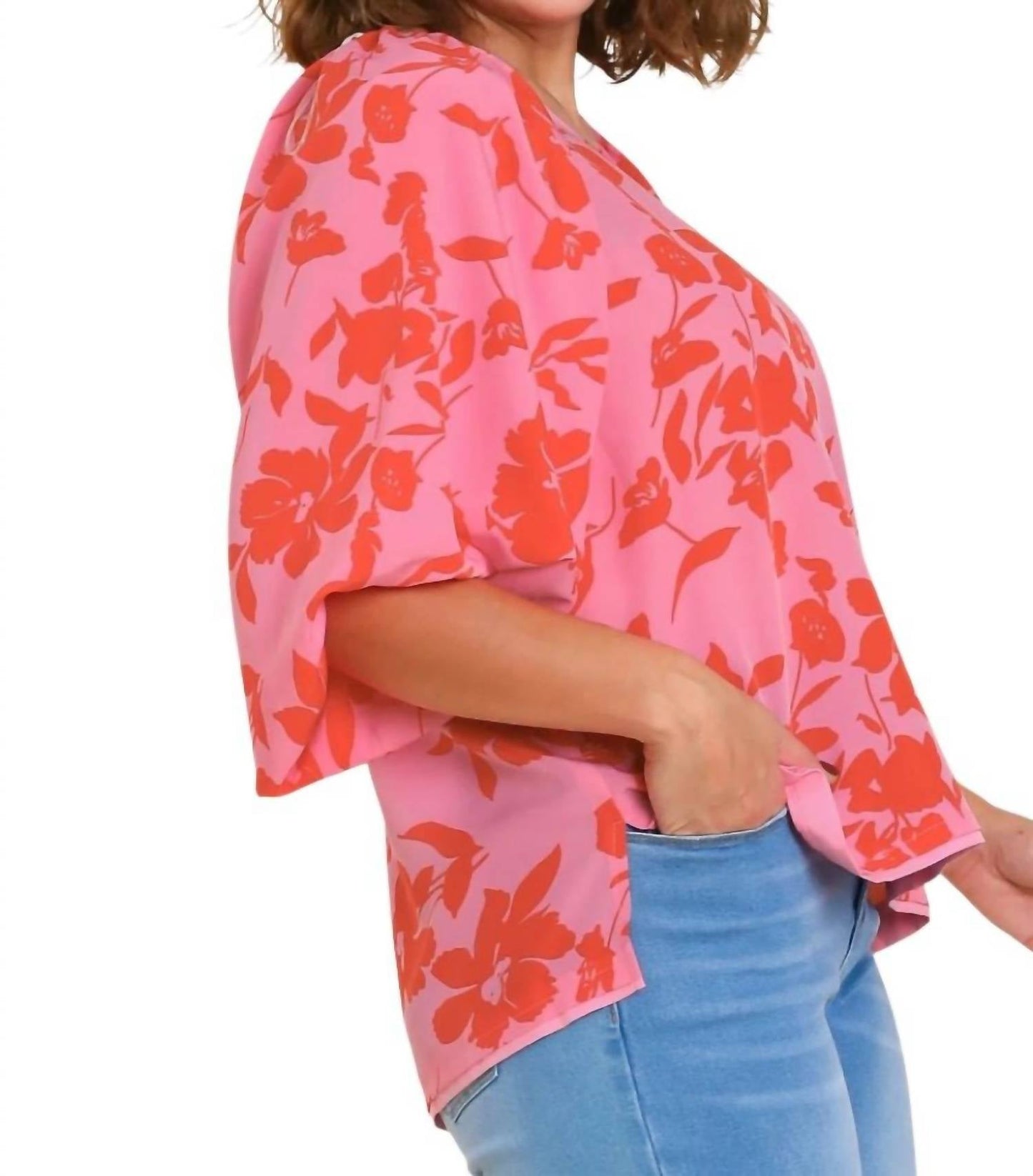 Umgee - Floral Boat Neck High Low Split Hem Top
