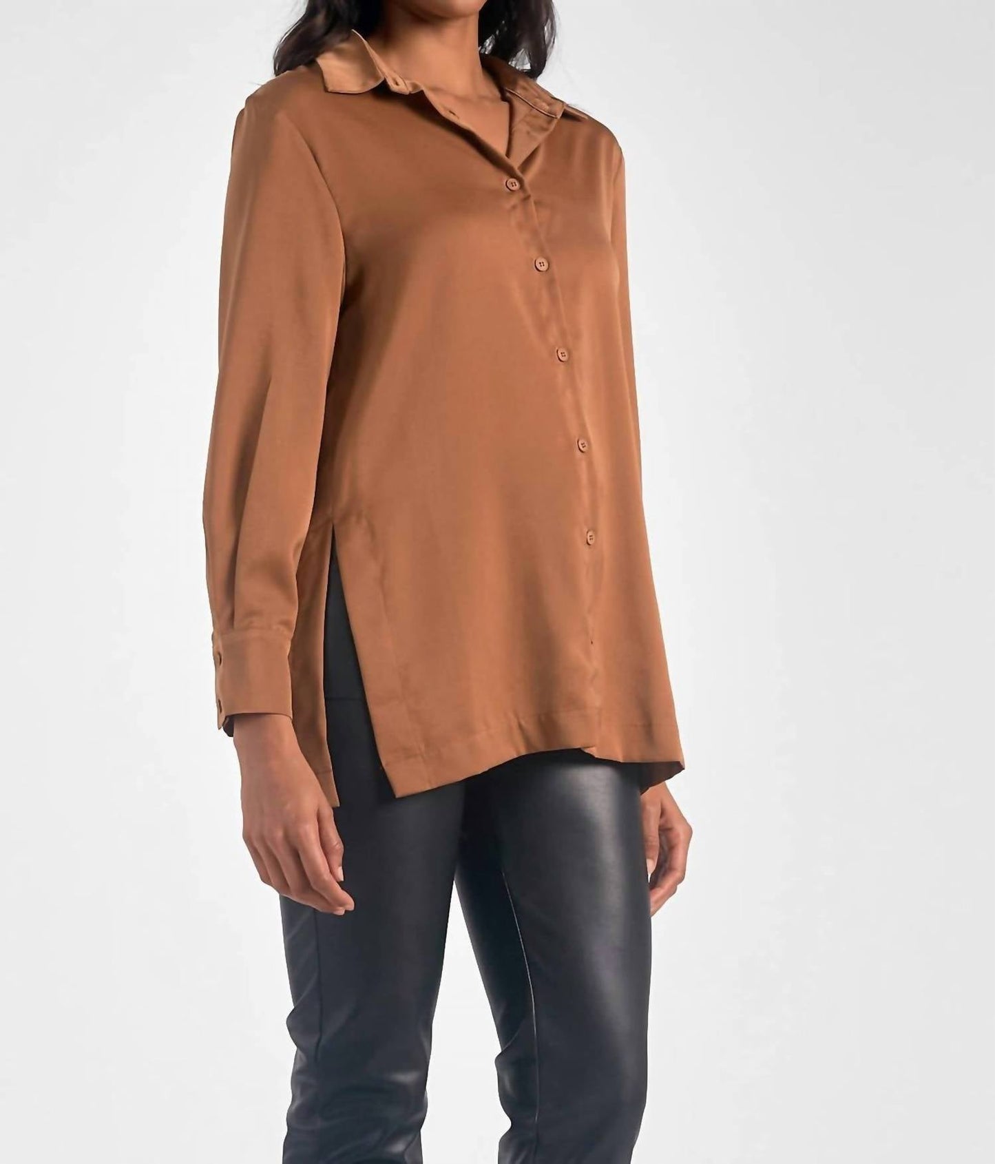 Elan - Button Down Top Side Slit Blouse