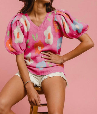 Bibi - Suéter com estampa floral, mangas bufantes e decote em V