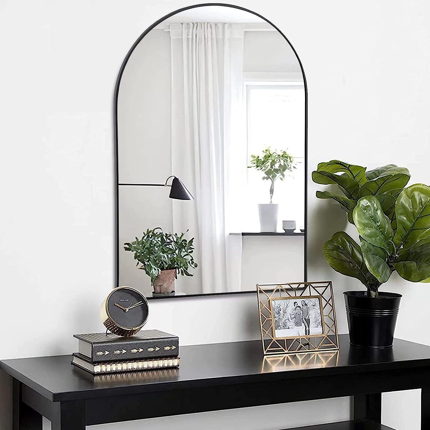 24x36 Inch Black Metal Framed Arched Bathroom Mirror