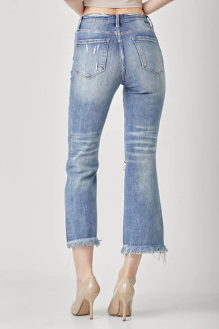Risen - Calça jeans cropped bootcut desgastada de cintura alta