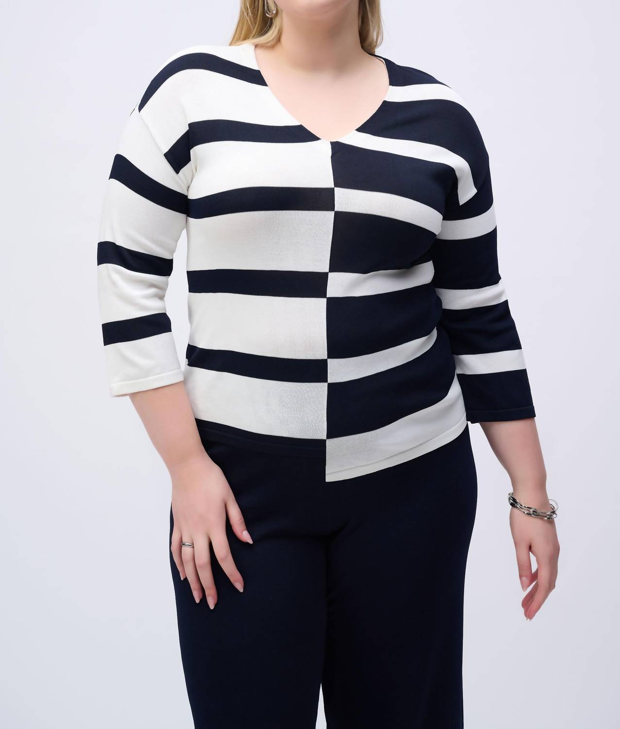 Joseph Ribkoff - Striped Sweater Knit V-neck Pullover