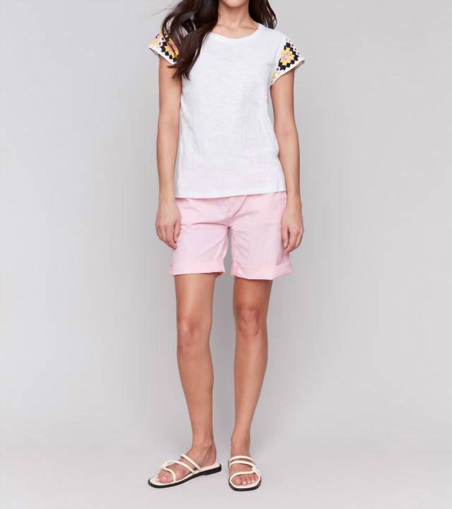 Charlie B - Crew Neckline Crochet Sleeve Top