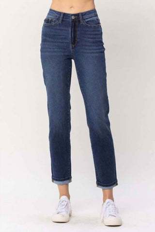 Judy Blue - Calça jeans boyfriend sustentável de cintura alta com punho