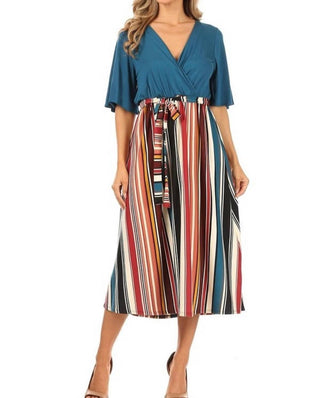 Chris & Carol - V-neck Striped Midi Dress - Plus