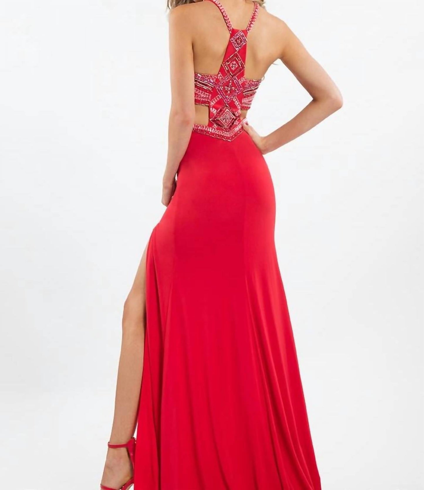 Rachel Allan - Beaded Halterneck Evening Gown With High Slit