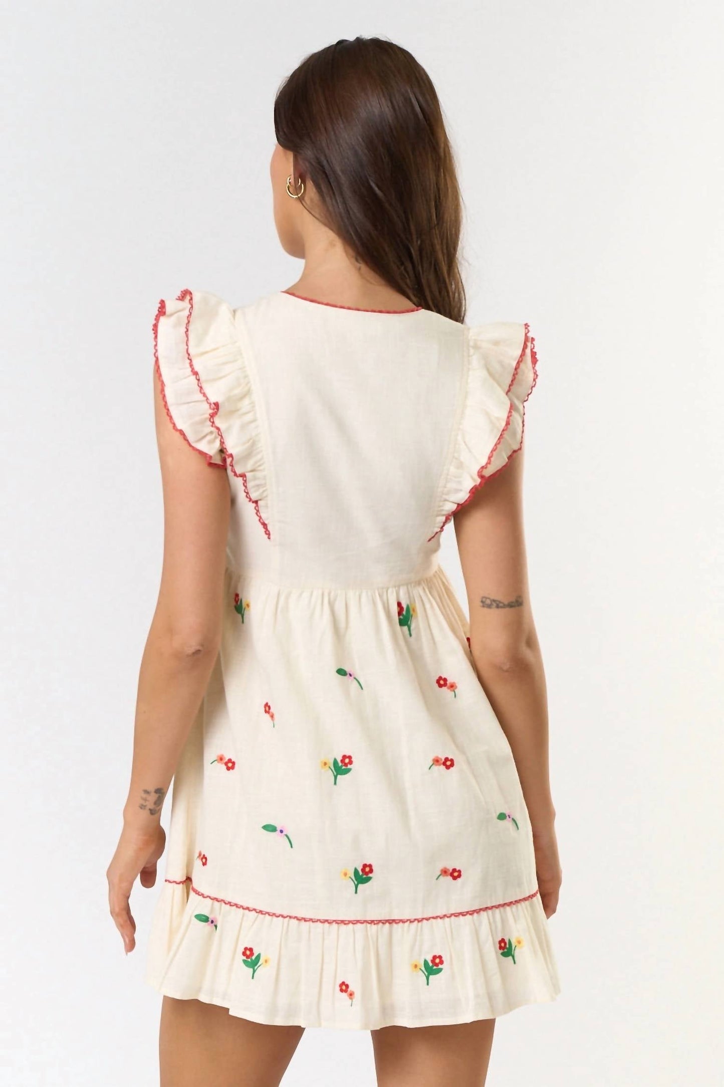 Lalavon - Ruffle Sleeve Embroidered Mini Dress