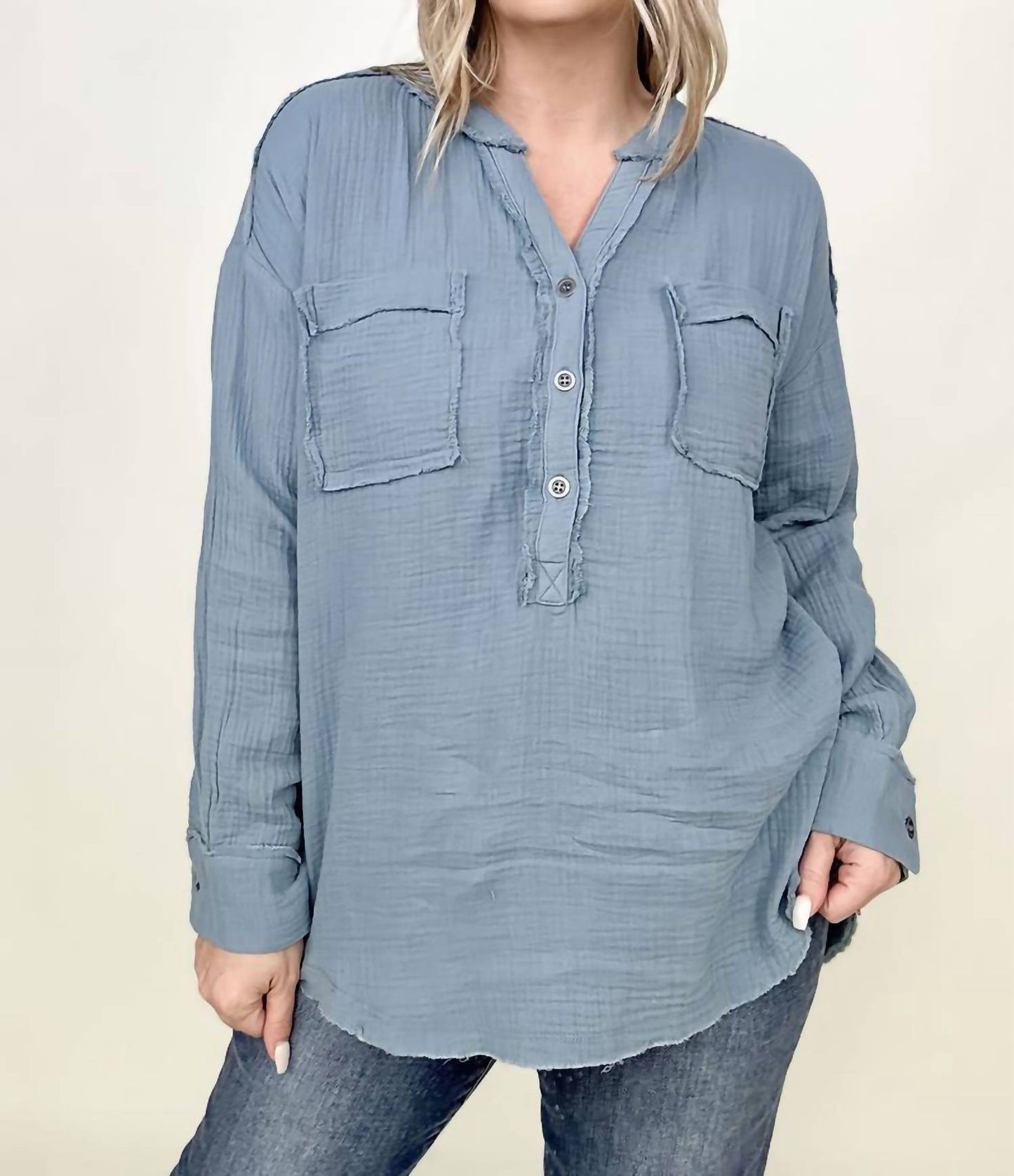 Zenana - Gauze Split Neck Button Front Top
