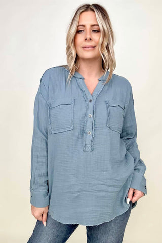 Zenana - Gauze Split Neck Button Front Top