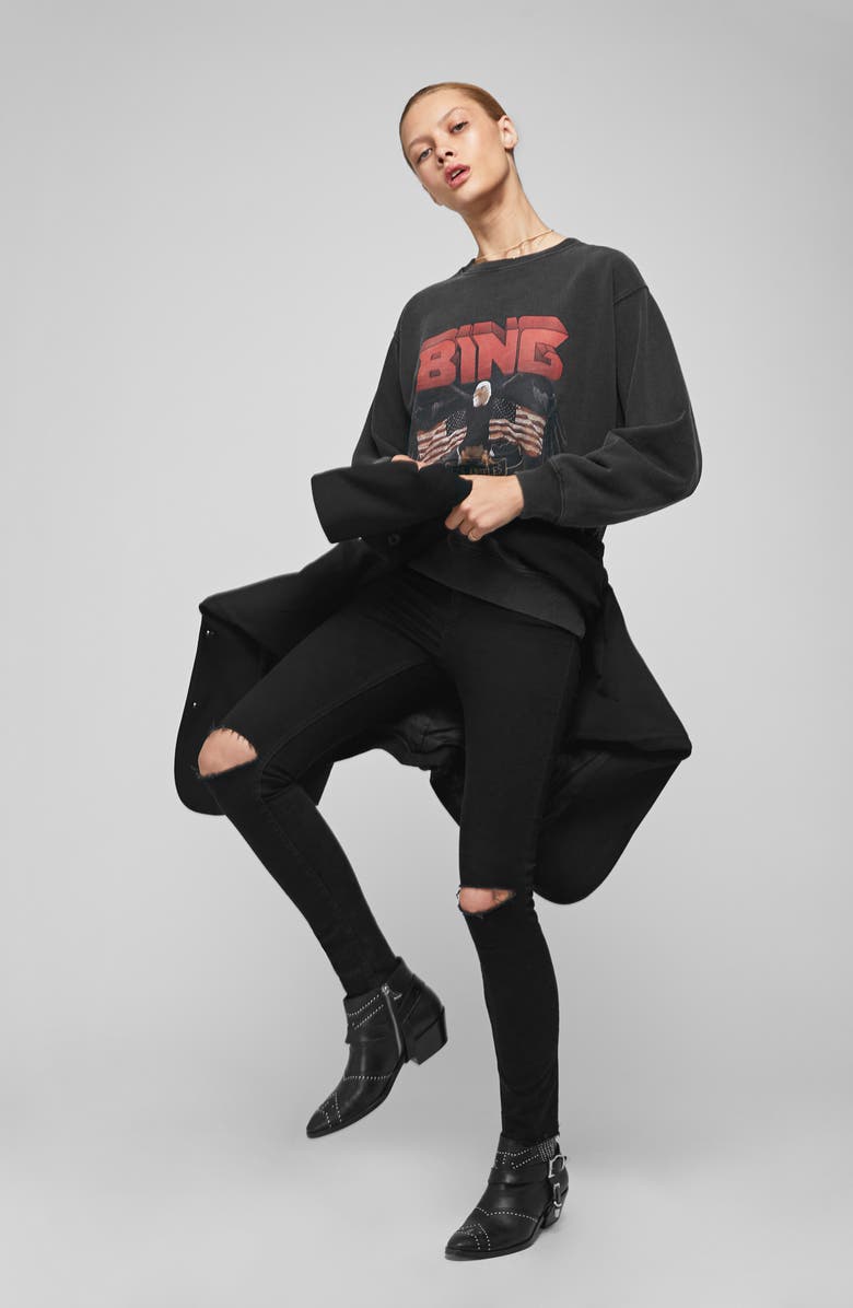 ANINE BING Moletom vintage com estampa gráfica Bing, preto, tamanho XS