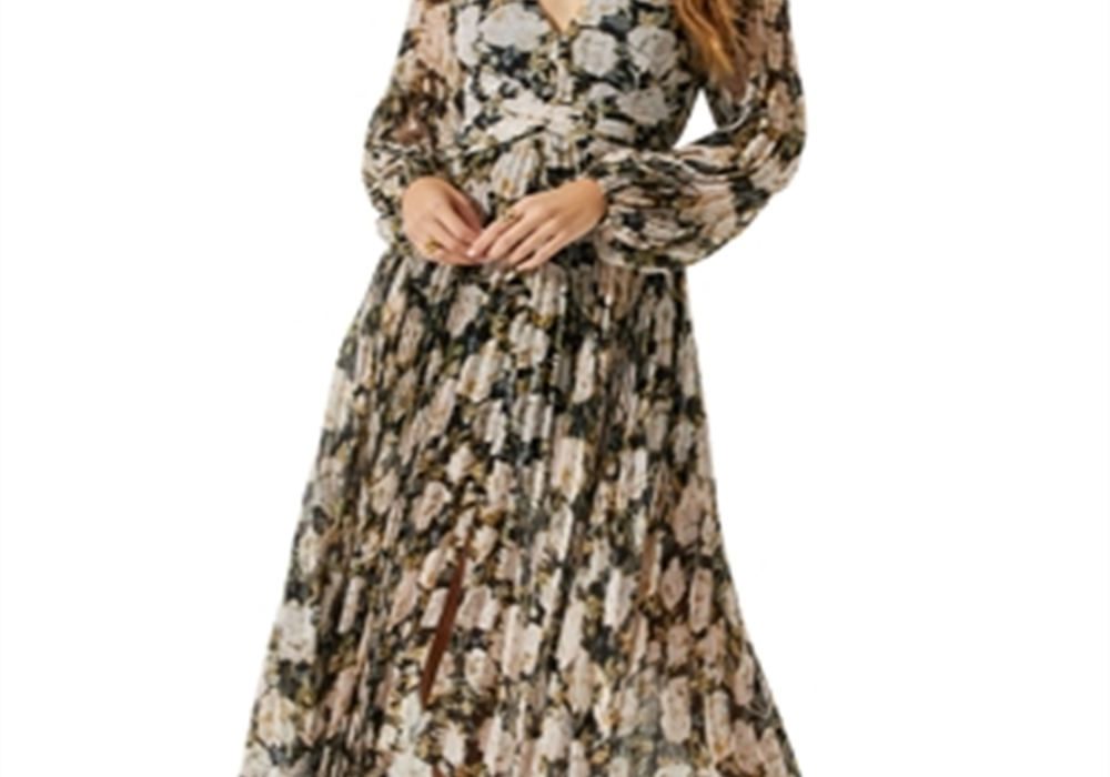 Vestido longo plissado floral Ayana da Astr the Label com manga comprida