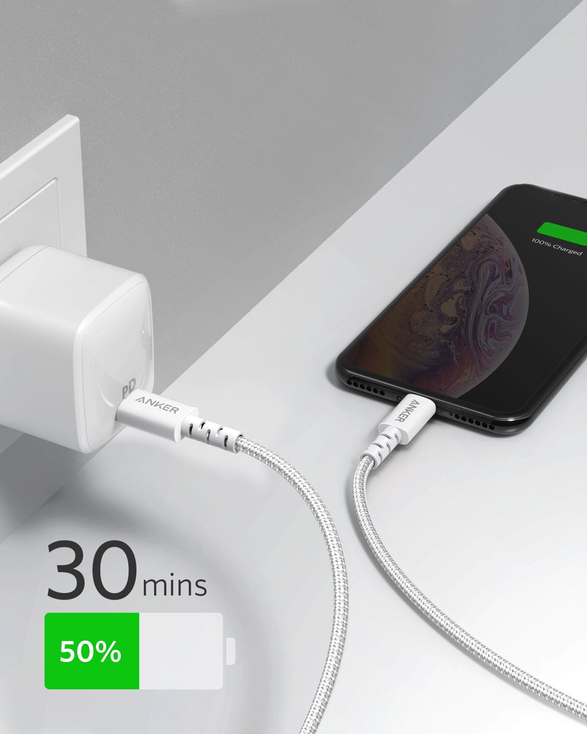 Cabo Anker PowerLine Select + USB-C com conector Lightning de 1,8 m, certificado Apple MFi - Branco