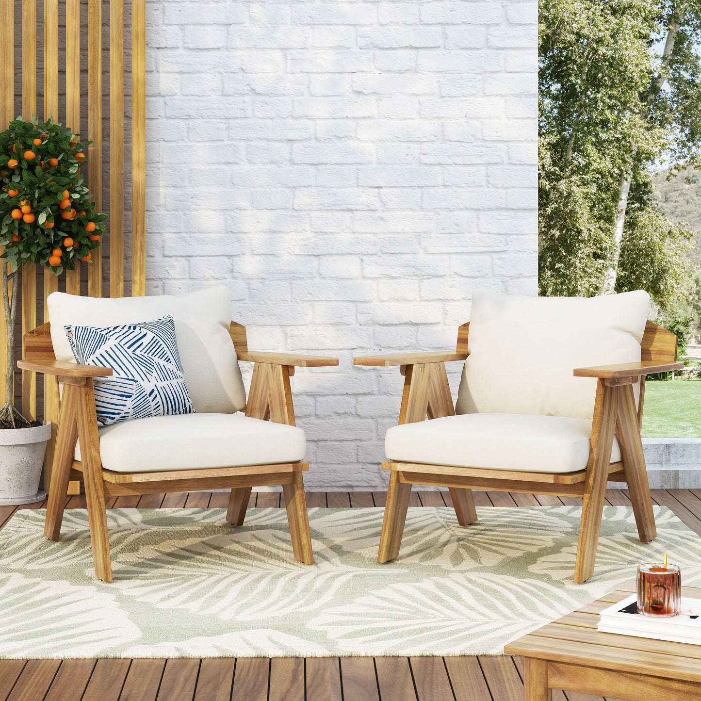 Arcola Outdoor Acacia Wood Club Chairs Set of 2 with Cushions